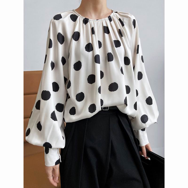 French vintage polka dot satin shirt light mature elegant round neck tucked in long sleeve shirt
