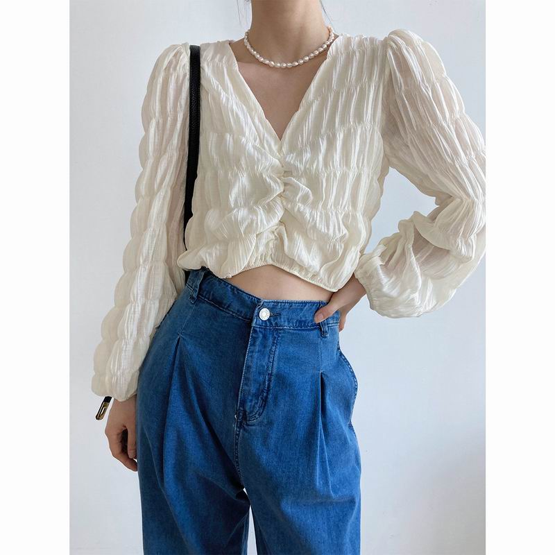 French V-neck pleated design in summer Long sleeved chiffon blouse Women's high waist chic blouse Su
